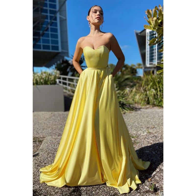 Vestido de fiesta amarillo largo, sencillo, con escote en forma de A y bolsillos 
