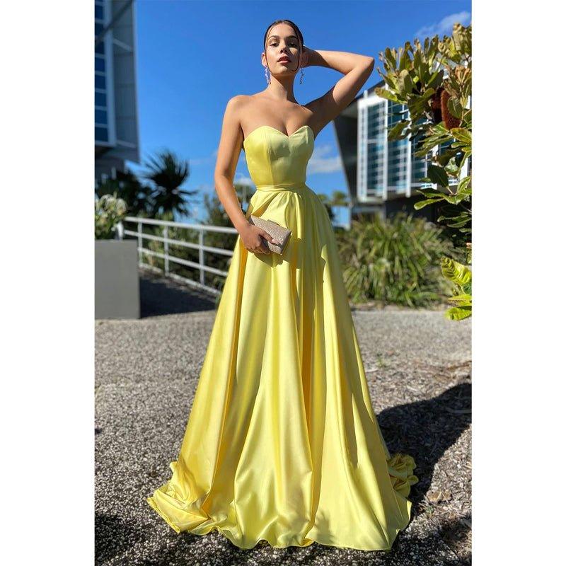 Vestido de fiesta amarillo largo, sencillo, con escote en forma de A y bolsillos 