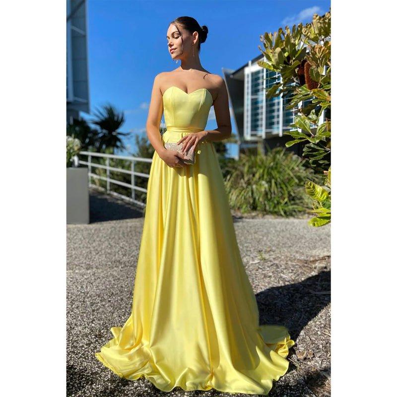 Vestido de fiesta amarillo largo, sencillo, con escote en forma de A y bolsillos 