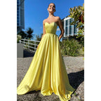 Vestido de fiesta amarillo largo, sencillo, con escote en forma de A y bolsillos 