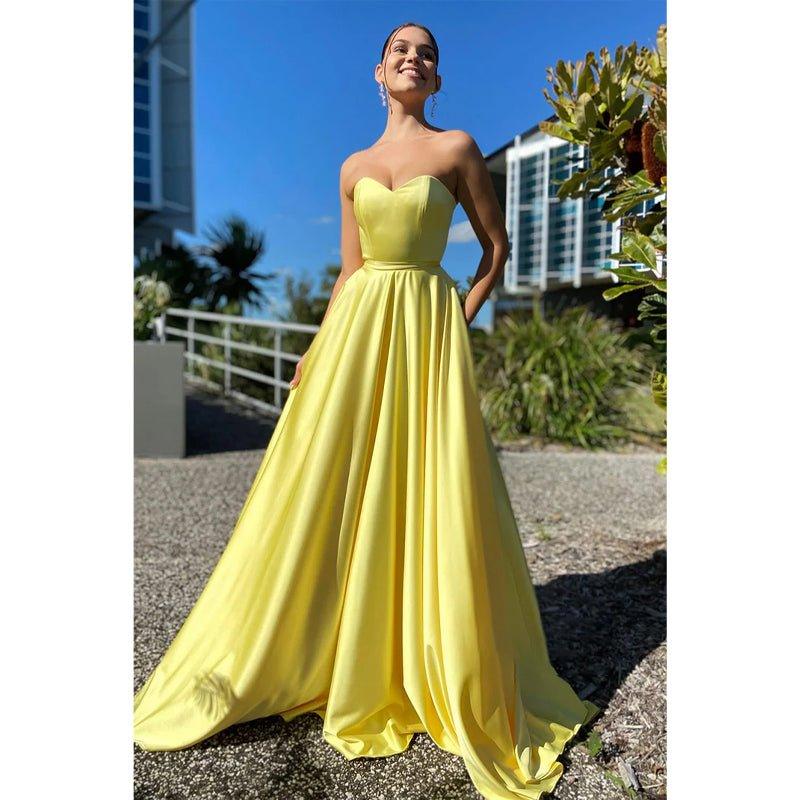 Vestido de fiesta amarillo largo, sencillo, con escote en forma de A y bolsillos 