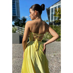 Vestido de fiesta amarillo largo, sencillo, con escote en forma de A y bolsillos 