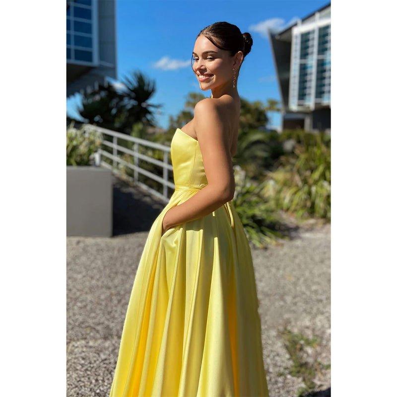 Vestido de fiesta amarillo largo, sencillo, con escote en forma de A y bolsillos 