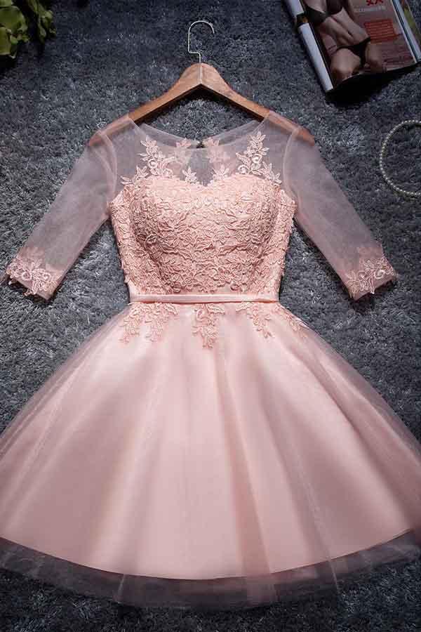 Vestidos de fiesta de tul corte A, escote redondo, color rosa, cortos/minivestidos de graduación PD048
