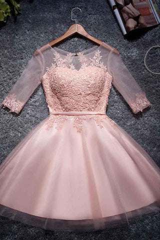 Robes de bal courtes/mini en tulle à coupe trapèze rose, style mini, référence PD048