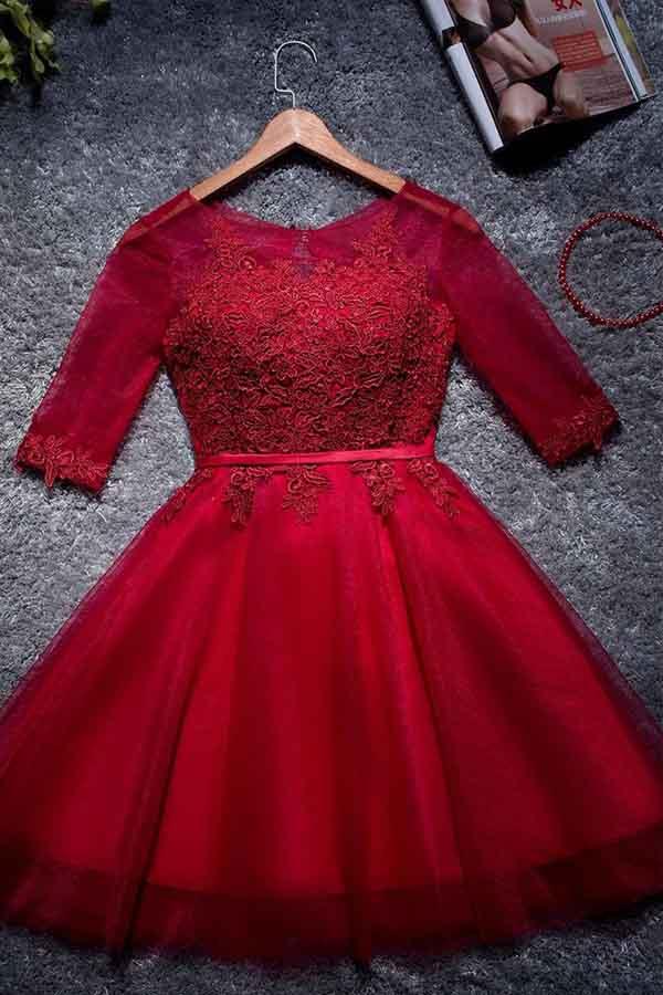 Vestidos de fiesta de tul corte A, escote redondo, vestidos cortos/mini rojos para baile de graduación PD049