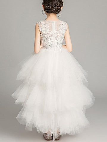 A-Line Tulle Sleeveless Jewel Neck Asymmetrical Pageant Flower Girl Dresses