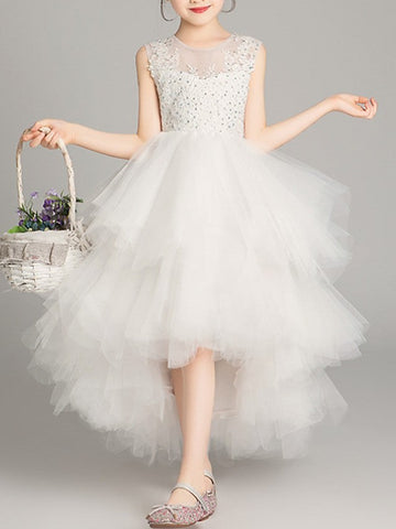 A-Line Tulle Sleeveless Jewel Neck Asymmetrical Pageant Flower Girl Dresses