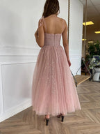 Vestidos cortos de fiesta de tul con tirantes finos, corte en A y bolsillos