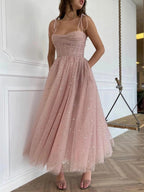 Vestidos cortos de fiesta de tul con tirantes finos, corte en A y bolsillos