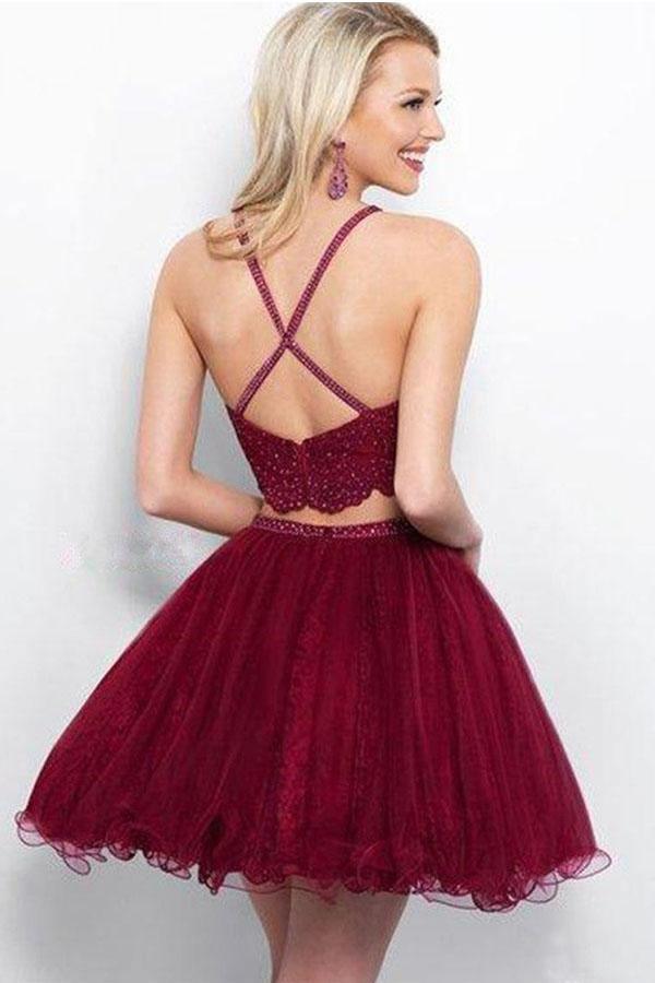 Vestidos cortos de fiesta de dos piezas estilo línea A, color burdeos, con apliques y cuentas PD263