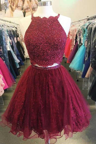 Vestidos cortos de fiesta de dos piezas estilo línea A, color burdeos, con apliques y cuentas PD263