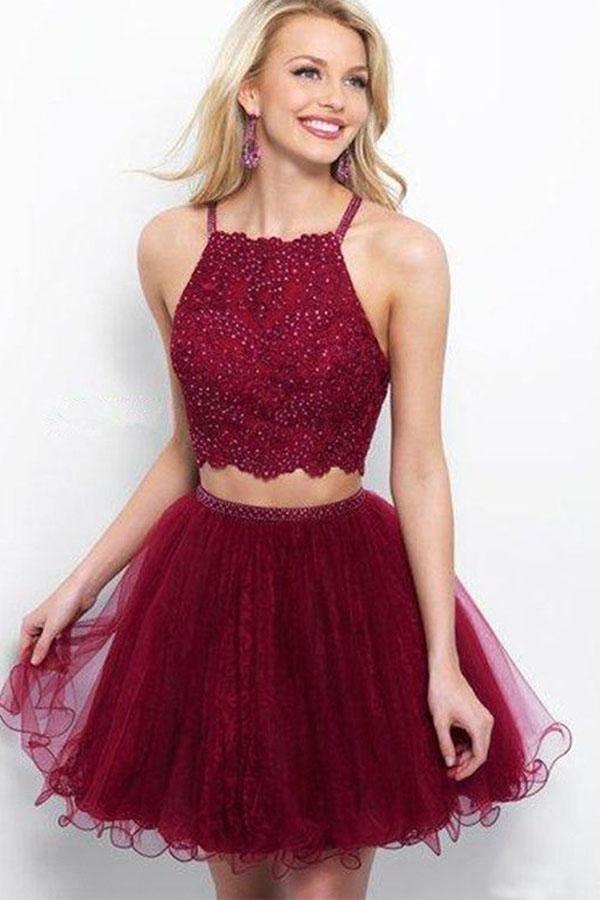 Vestidos cortos de fiesta de dos piezas estilo línea A, color burdeos, con apliques y cuentas PD263