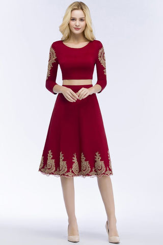 A-line Two-piece Plus Size Tea Length Long Sleeves Appliques Homecoming Dresses