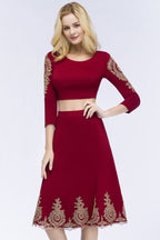 Vestidos de fiesta de dos piezas de corte A, tallas grandes, largo hasta la rodilla, mangas largas con apliques