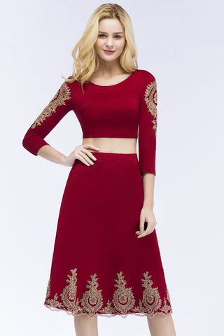 A-line Two-piece Plus Size Tea Length Long Sleeves Appliques Homecoming Dresses