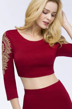 Vestidos de fiesta de dos piezas de corte A, tallas grandes, largo hasta la rodilla, mangas largas con apliques