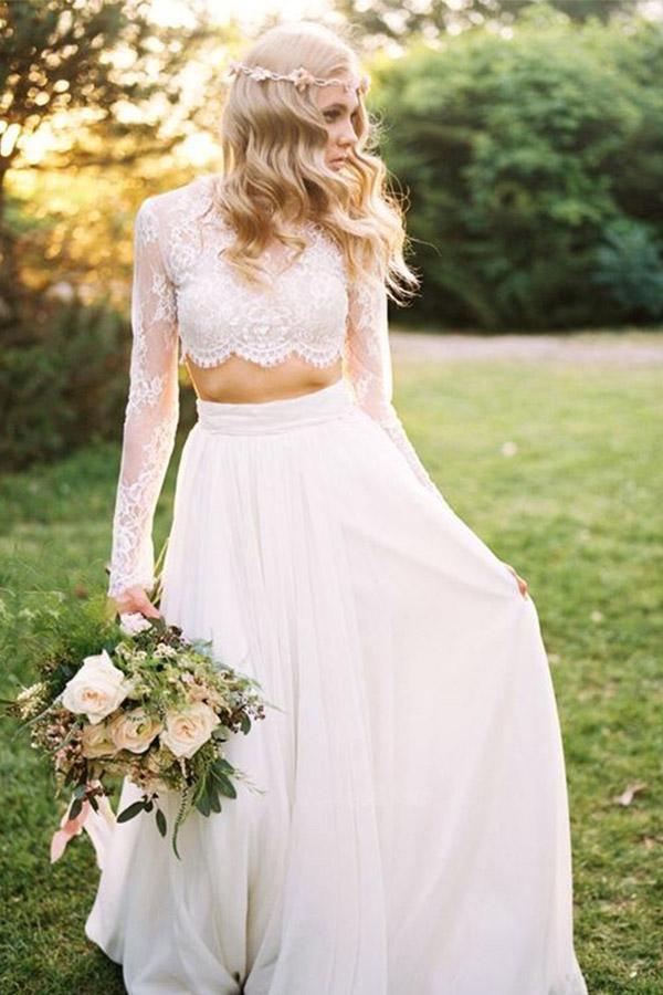 Vestido de novia playero de encaje de dos piezas, corte línea A, cuello redondo y mangas largas WD463