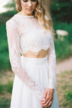 Vestido de novia playero de encaje de dos piezas, corte línea A, cuello redondo y mangas largas WD463