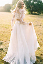 Vestido de novia playero de encaje de dos piezas, corte línea A, cuello redondo y mangas largas WD463