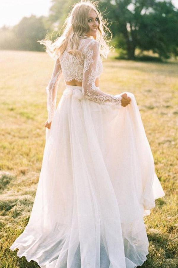 Vestido de novia playero de encaje de dos piezas, corte línea A, cuello redondo y mangas largas WD463