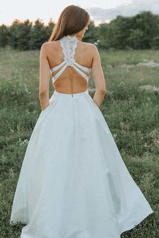 Vestido de novia blanco de encaje de dos piezas con corte en A y bolsillos WD403