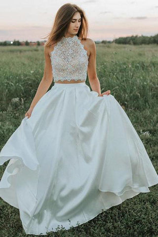 Vestido de novia blanco de encaje de dos piezas con corte en A y bolsillos WD403