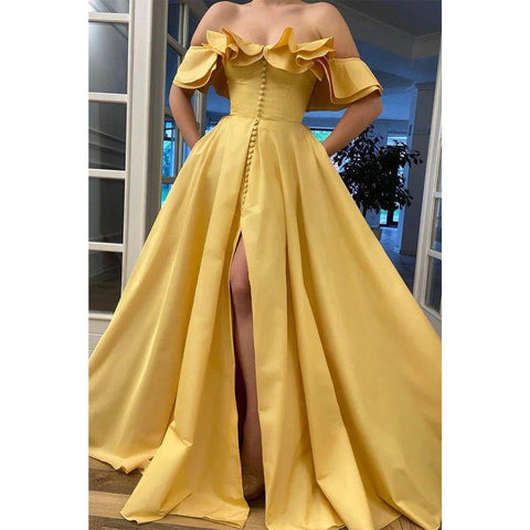 Vestido de fiesta largo de satén amarillo con abertura alta, hombros descubiertos y bolsillos, corte A 