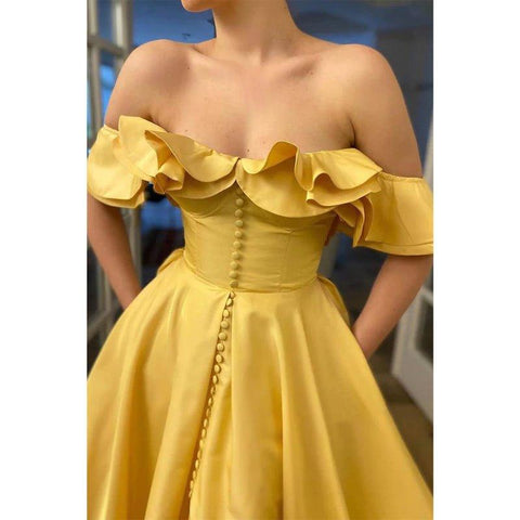 Vestido de fiesta largo de satén amarillo con abertura alta, hombros descubiertos y bolsillos, corte A 