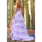 Vestido largo de fiesta de corte A, único, con un solo hombro, lentejuelas y apliques de encaje.