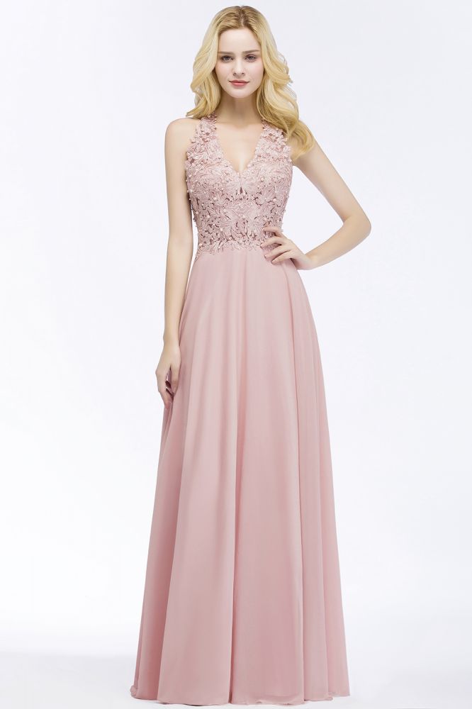 Vestido largo de noche de gasa con apliques, escote en V y corte en A, sin mangas, para dama de honor