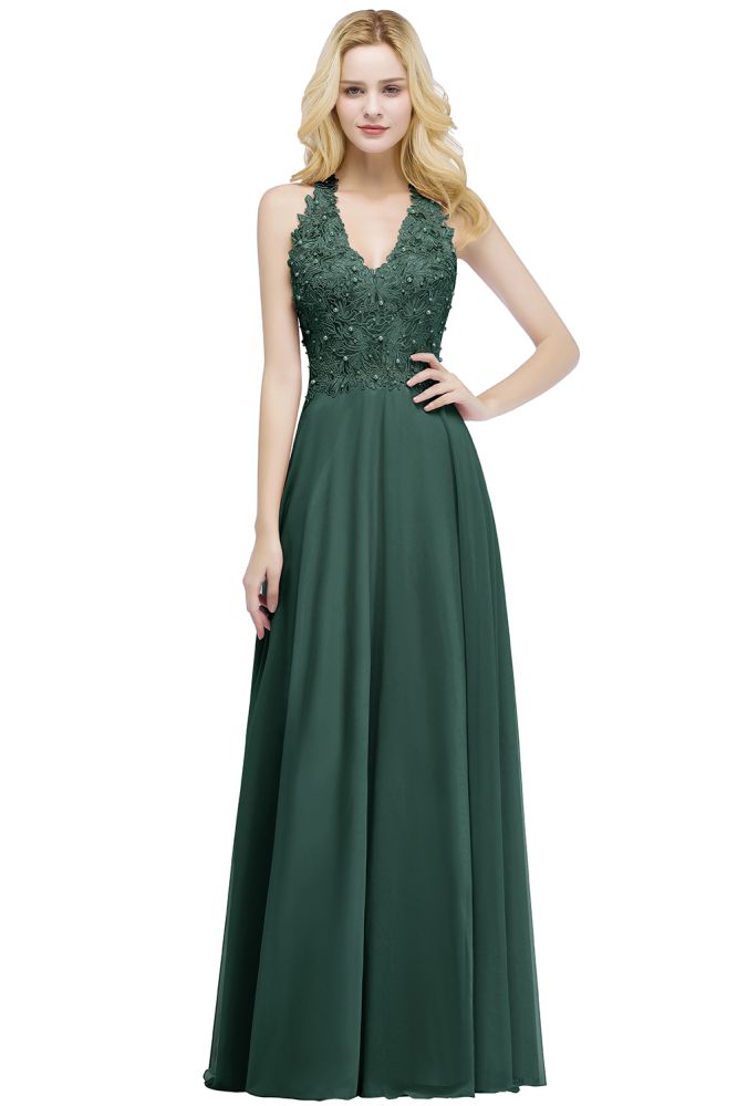 Vestido largo de noche de gasa con apliques, escote en V y corte en A, sin mangas, para dama de honor