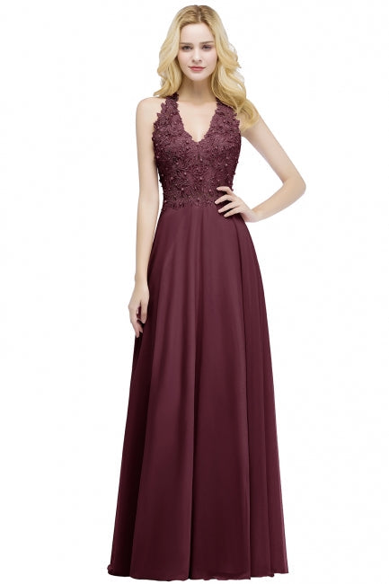 Vestido largo de noche de gasa con apliques, escote en V y corte en A, sin mangas, para dama de honor