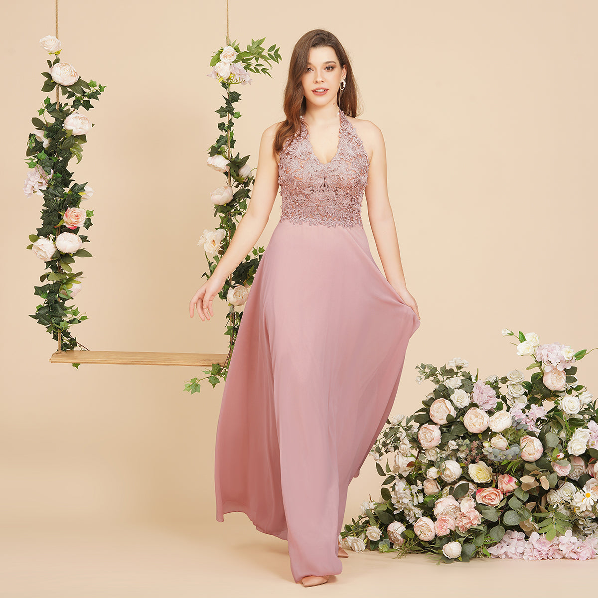 Vestido largo de noche de gasa con apliques, escote en V y corte en A, sin mangas, para dama de honor