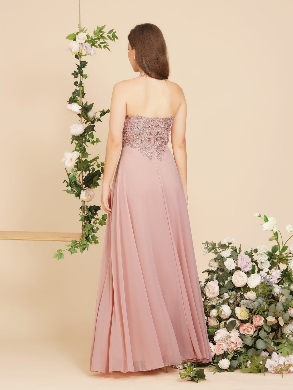Vestido largo de noche de gasa con apliques, escote en V y corte en A, sin mangas, para dama de honor