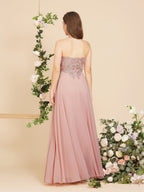 Vestido largo de noche de gasa con apliques, escote en V y corte en A, sin mangas, para dama de honor