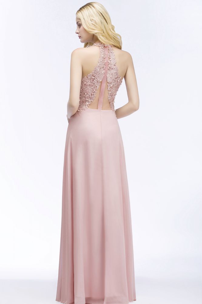 Vestido largo de noche de gasa con apliques, escote en V y corte en A, sin mangas, para dama de honor