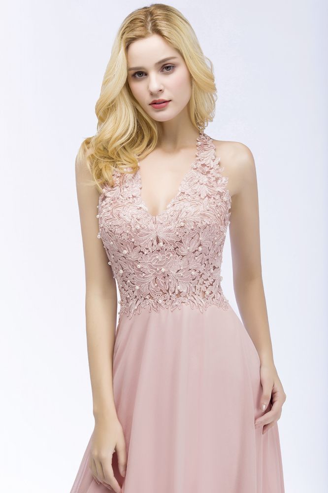 Vestido largo de noche de gasa con apliques, escote en V y corte en A, sin mangas, para dama de honor
