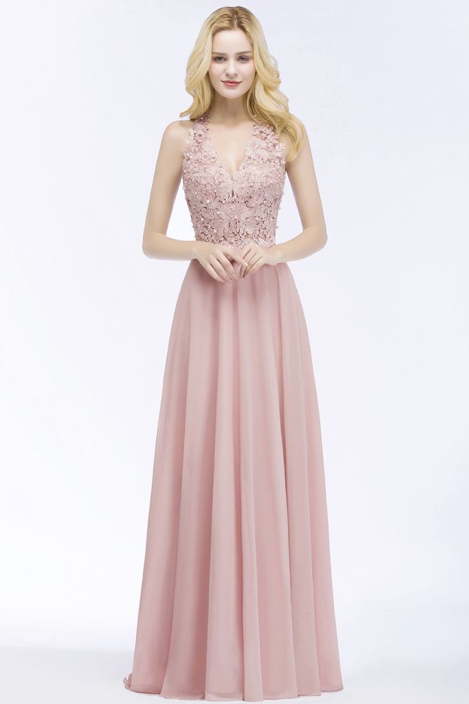 Vestido largo de noche de gasa con apliques, escote en V y corte en A, sin mangas, para dama de honor