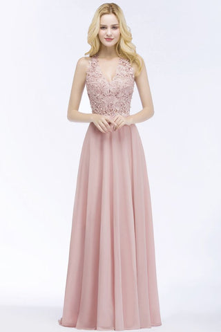 A-line V-neck Appliques Chiffon Evening Maxi Dresses Sleeveless Bridesmaid Dress