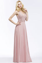 Vestido largo de noche de gasa con apliques, escote en V y corte en A, sin mangas, para dama de honor