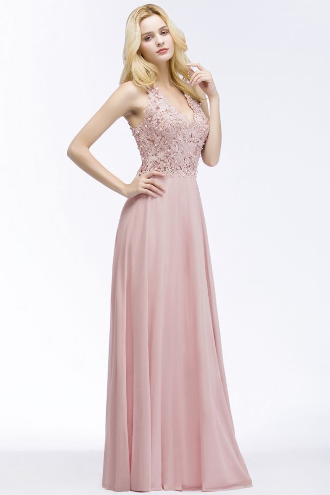 Vestido largo de noche de gasa con apliques, escote en V y corte en A, sin mangas, para dama de honor