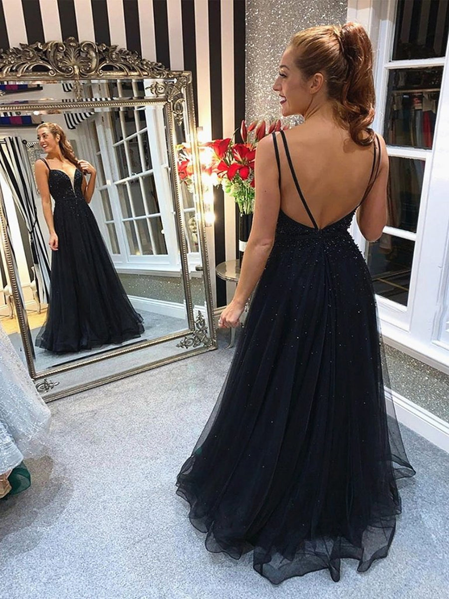 Vestidos largos negros de fiesta, de noche, formales, con escote en V, espalda descubierta y cuentas, corte en A.
