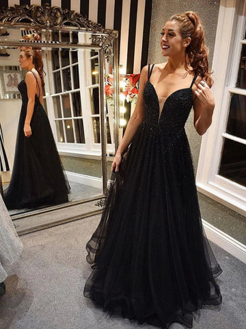 Vestidos largos negros de fiesta, de noche, formales, con escote en V, espalda descubierta y cuentas, corte en A.