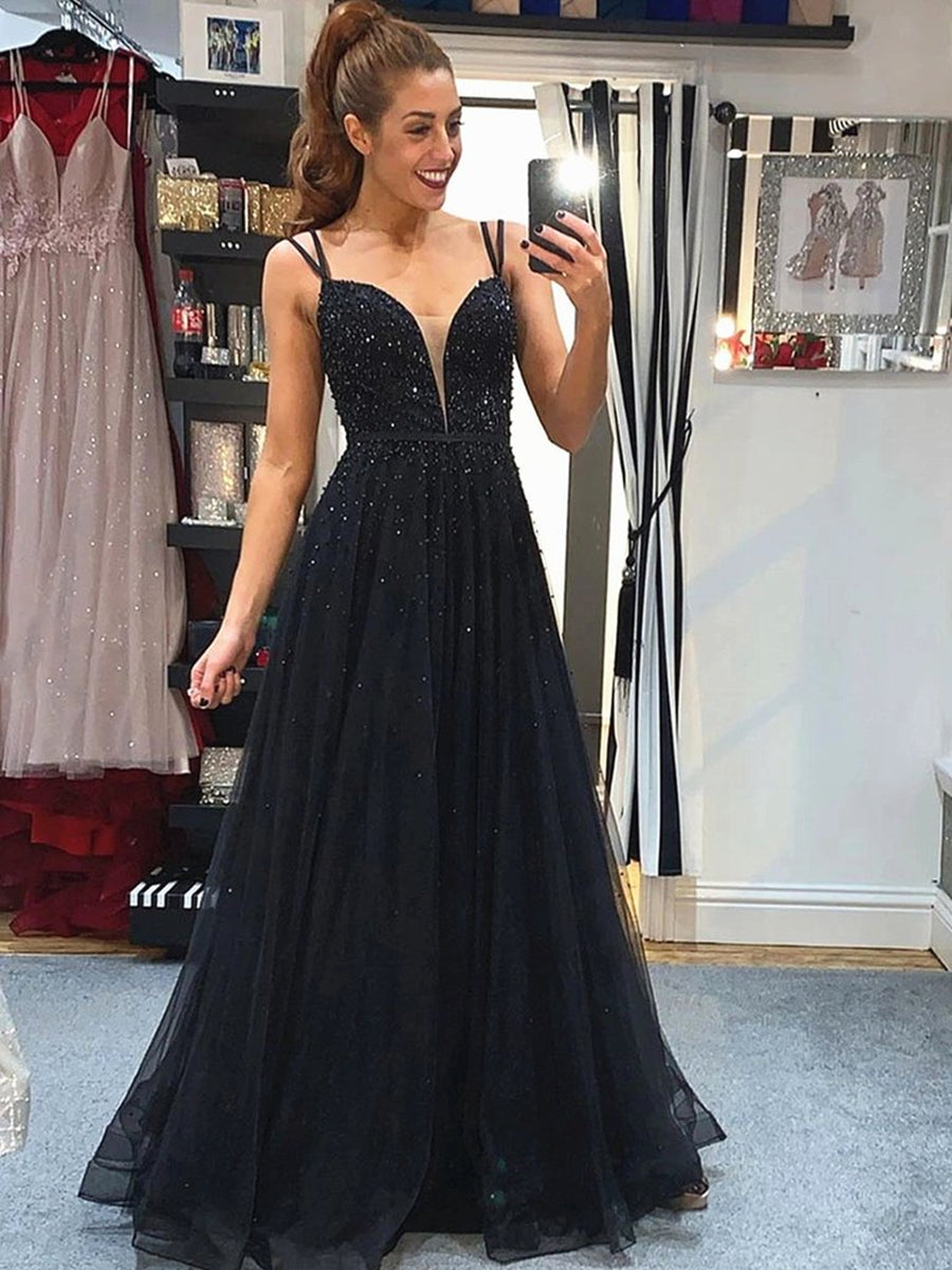 Vestidos largos negros de fiesta, de noche, formales, con escote en V, espalda descubierta y cuentas, corte en A.