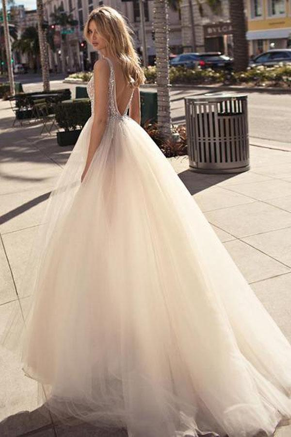 Vestido de novia de corte A, escote en V, espalda descubierta, tul con cuentas, color marfil, modelo WD437 
