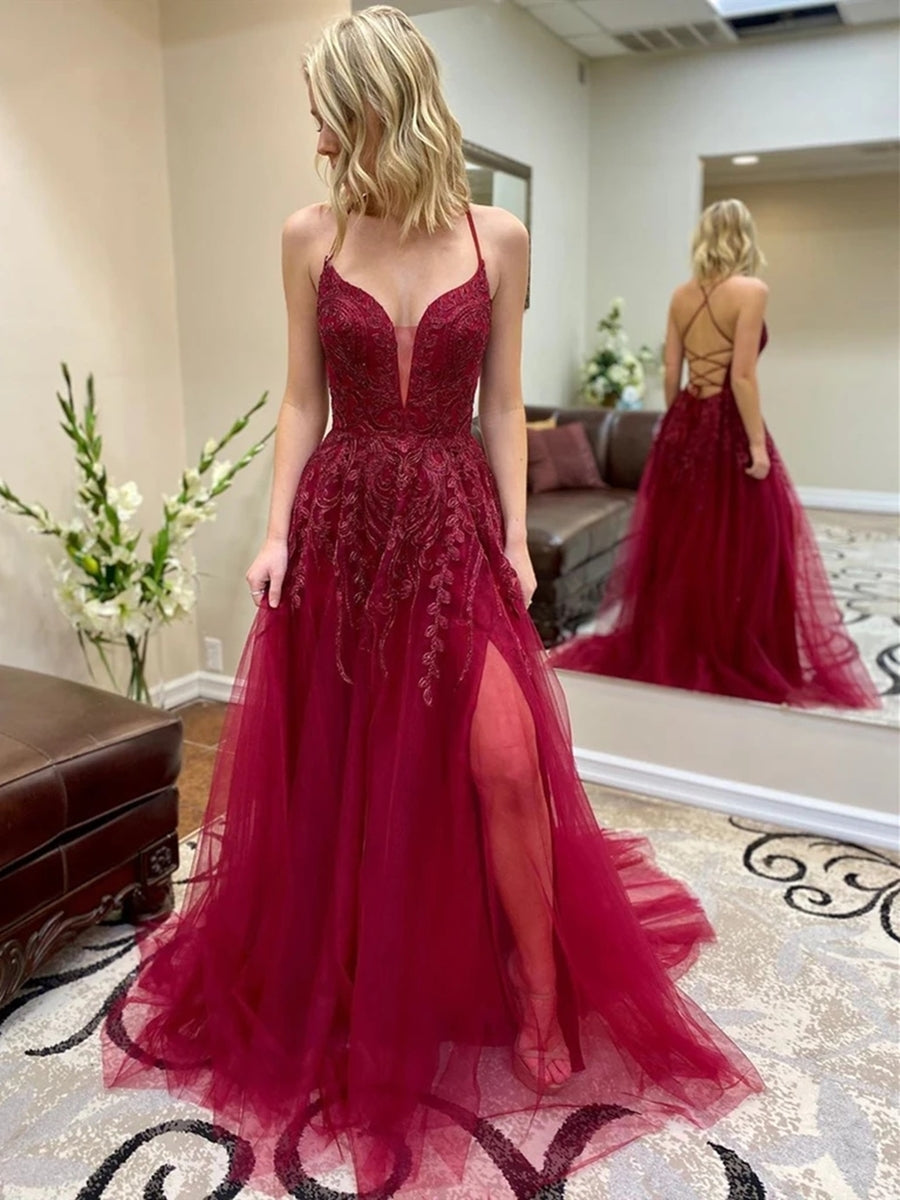 Vestidos largos de fiesta de encaje con escote en V, espalda descubierta y abertura en la espalda, de tul burdeos.