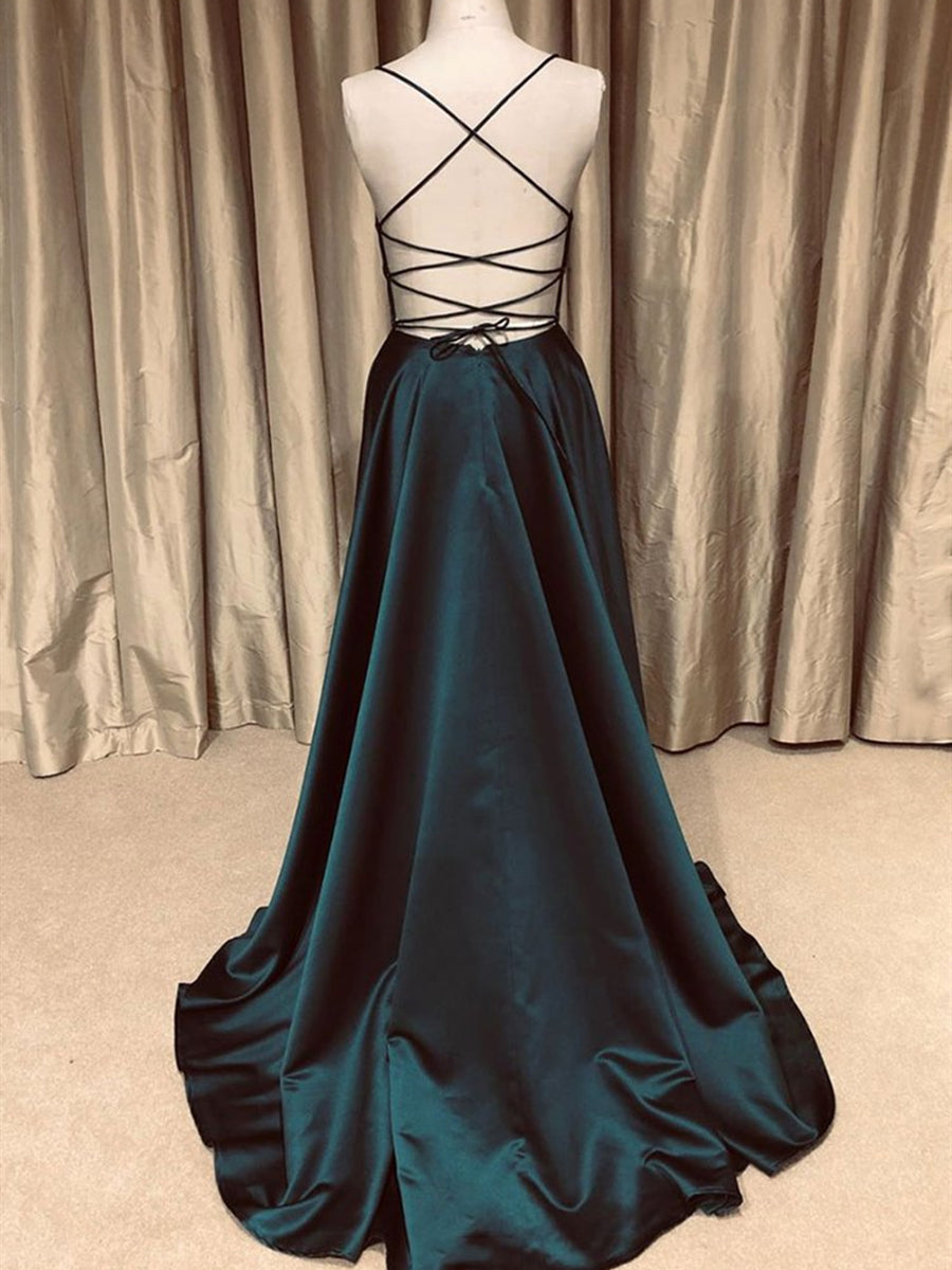 Vestidos largos de fiesta sencillos, de corte línea, con escote en V y espalda descubierta, en color verde oscuro.