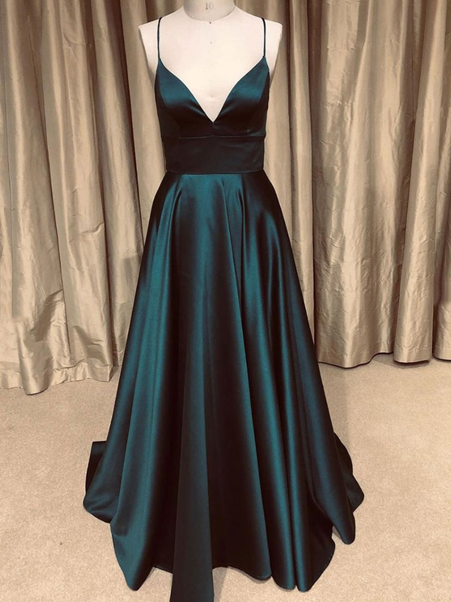 Vestidos largos de fiesta sencillos, de corte línea, con escote en V y espalda descubierta, en color verde oscuro.