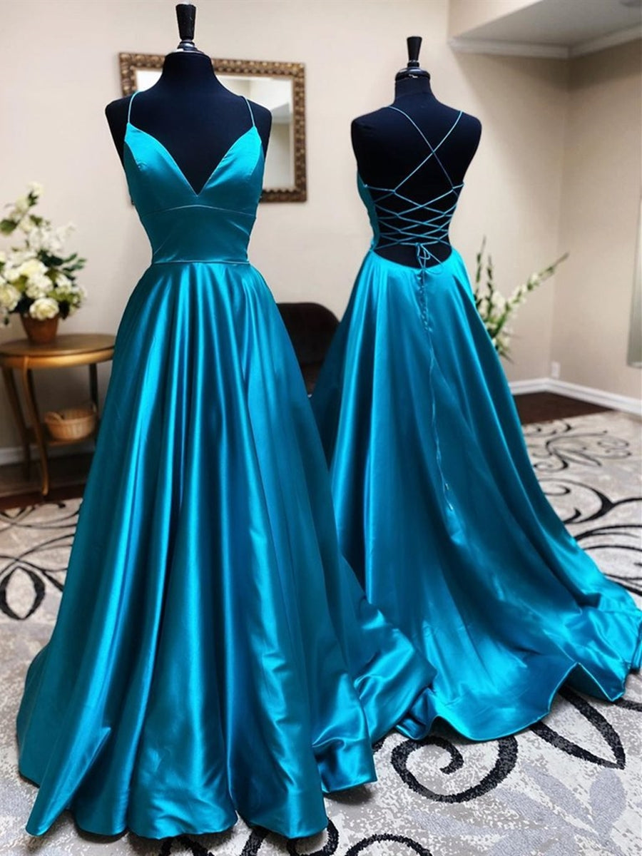 Vestidos largos de satén con escote en V, espalda descubierta, corte línea A, vestidos de noche formales de graduación con espalda abierta